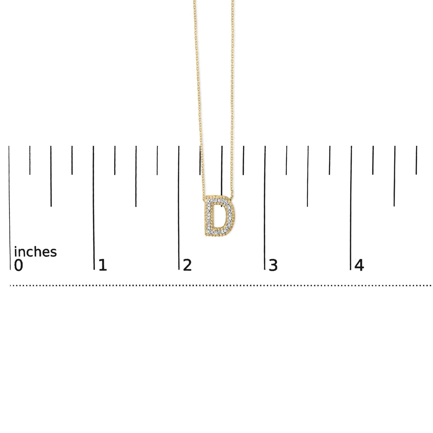 Close-up front view of a yellow necklace with a D-shaped pendant outlined with white gemstones, shown on a scale.