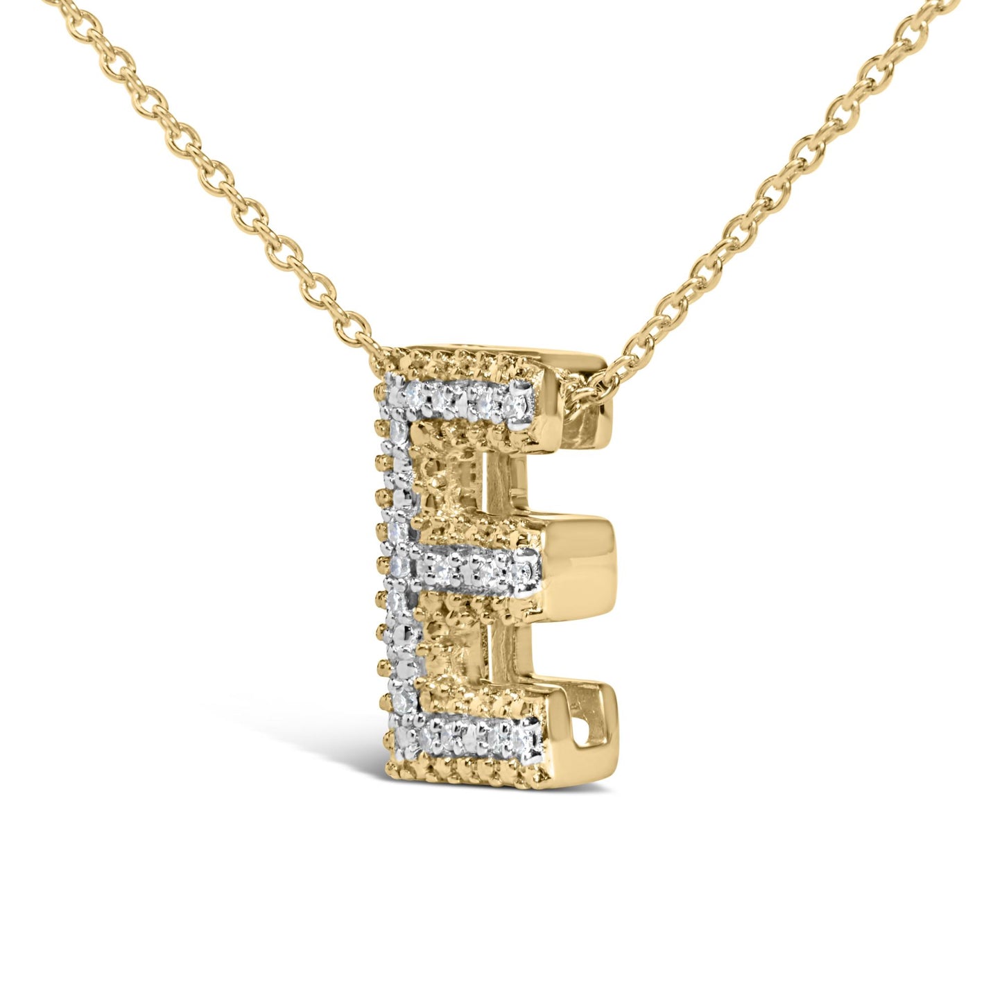 Close-up front angle of a yellow necklace featuring a letter E pendant outlined with white gemstones in prong settings.