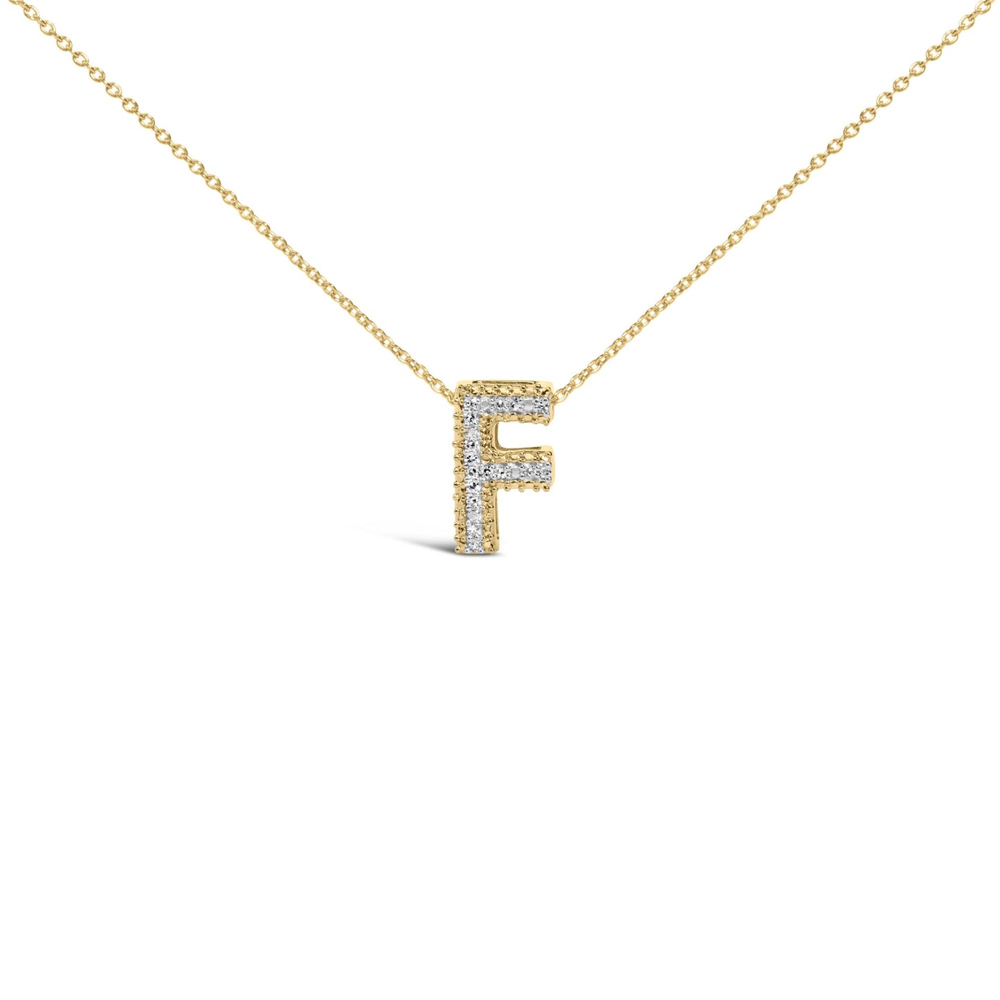 Close-up front view of a yellow metal necklace with a pendant in the shape of the letter 'F' adorned with white gemstones set in prongs, shown on a white background.
