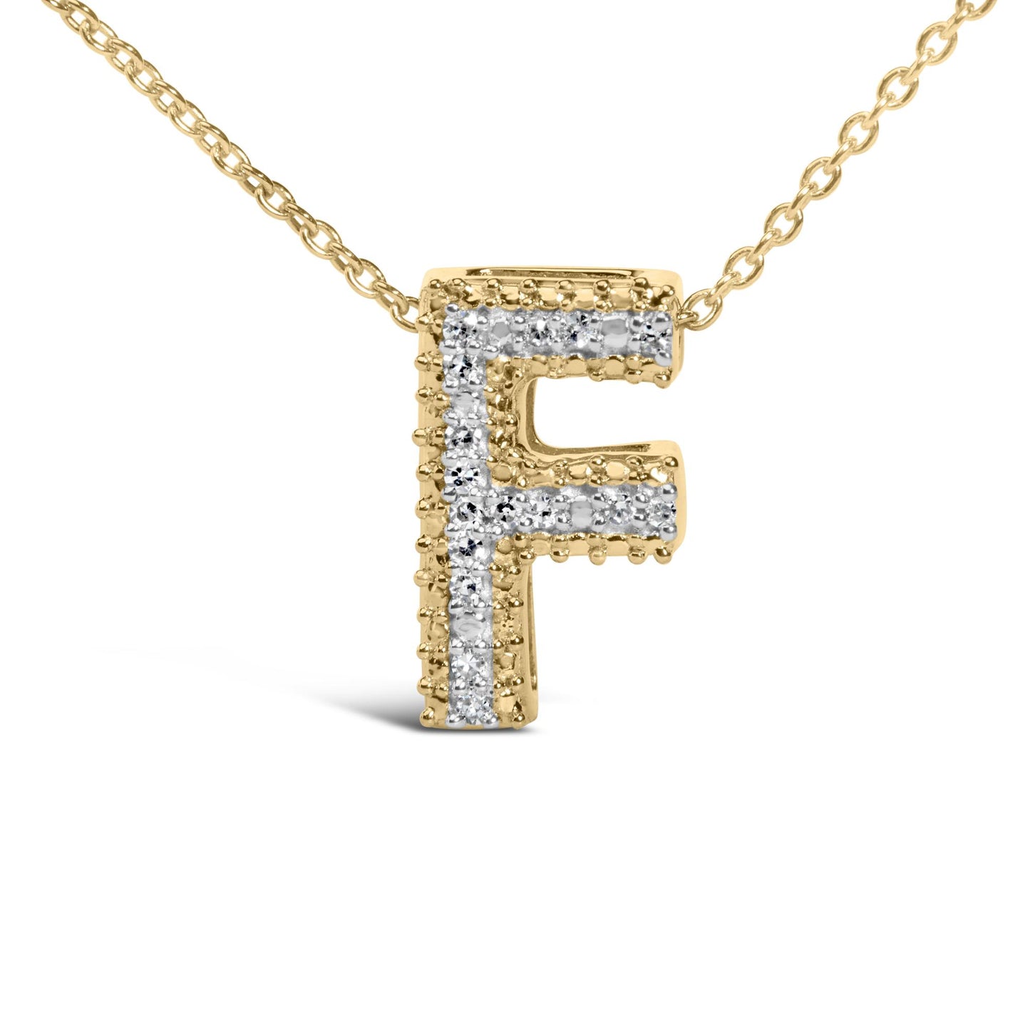 Close-up front angle of a yellow metal necklace pendant in the shape of the letter 'F' adorned with prong-set white gemstones, shown on a white background.