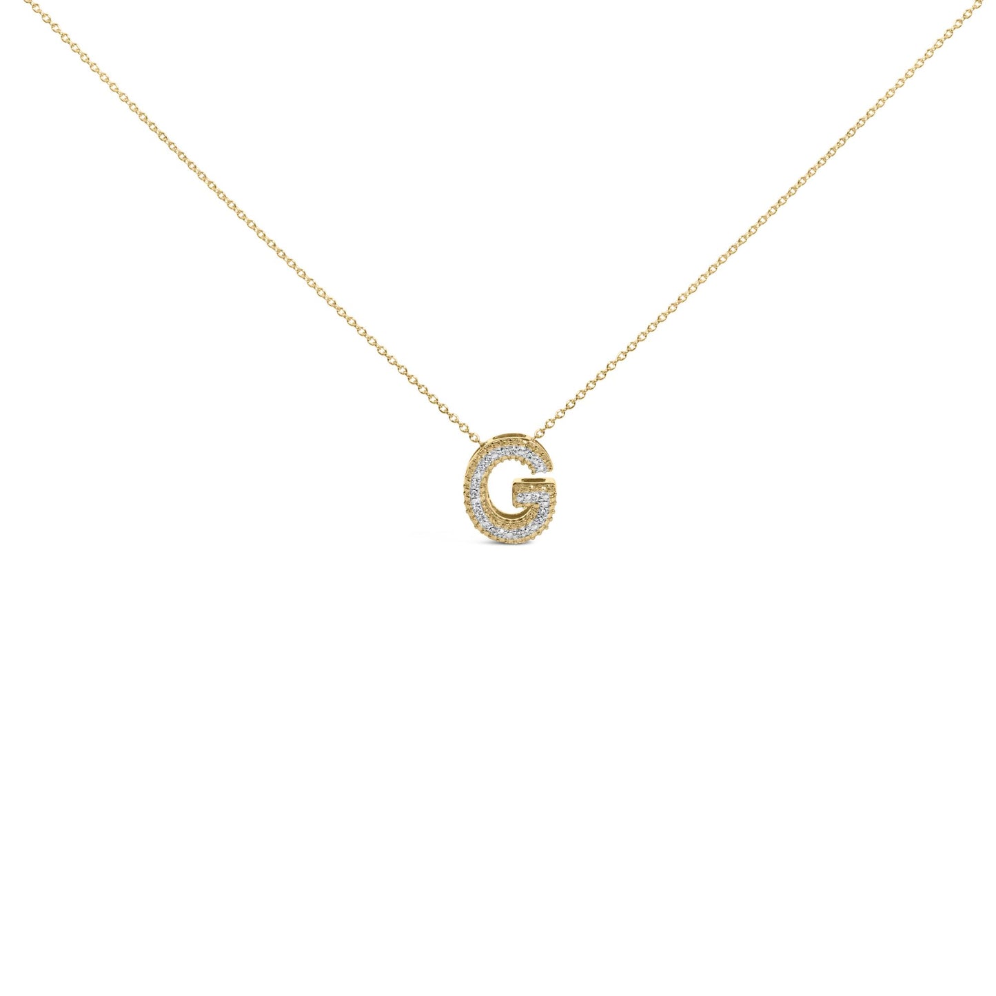 Close-up front view of a yellow metal necklace with a pendant shaped like the letter 'G,' embellished with round white gemstones in prong settings along its outline.