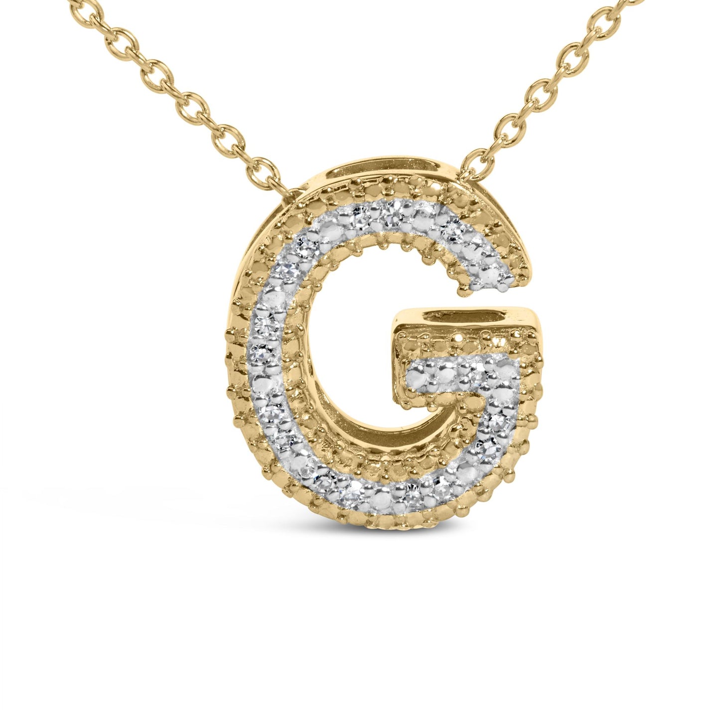 Close-up front view of a yellow metal necklace pendant shaped like the letter G, featuring a row of white gemstones in a prong setting along its edges.