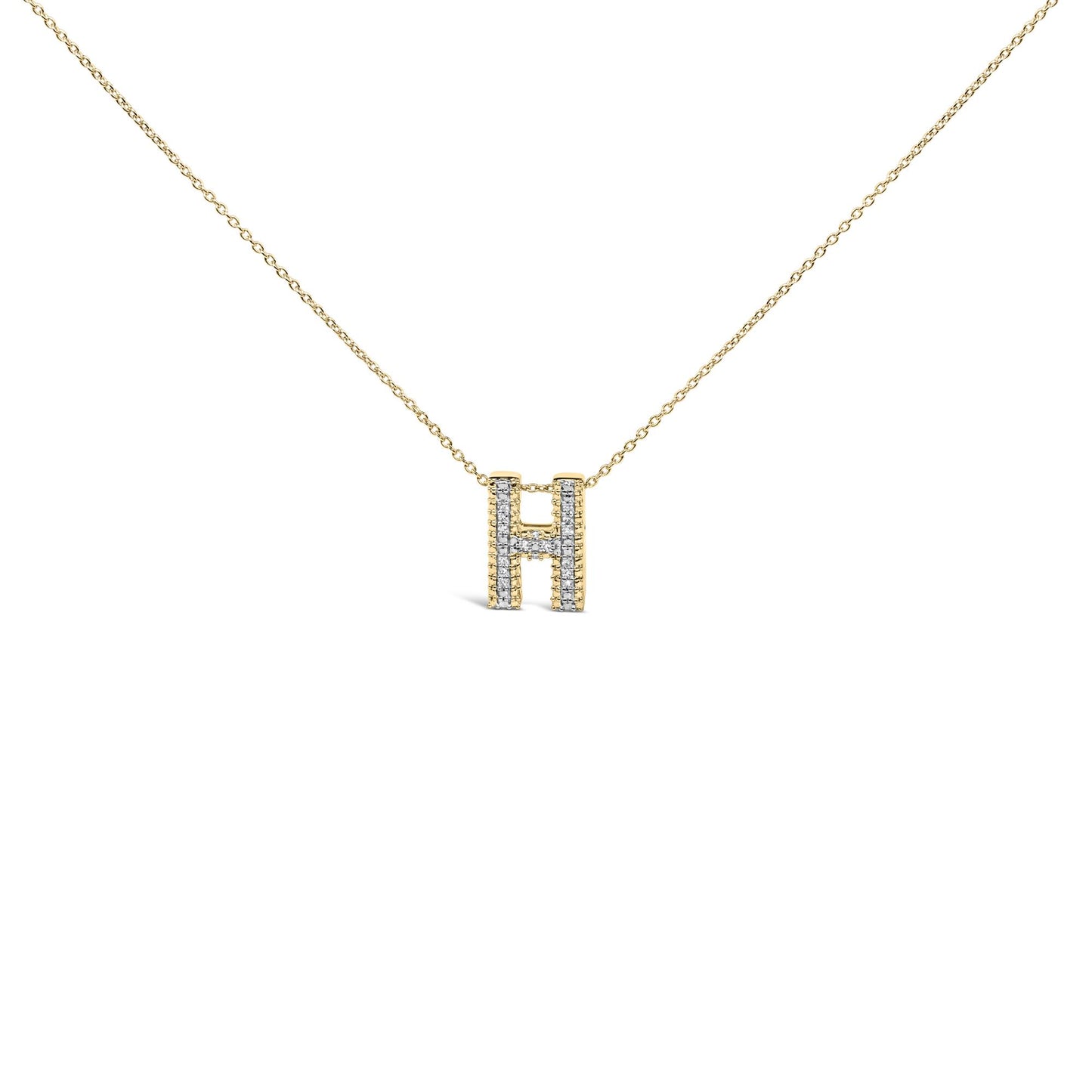 Close-up front view of a yellow necklace with a pendant shaped like the letter H, featuring white gemstones set in prong settings along the pendant.