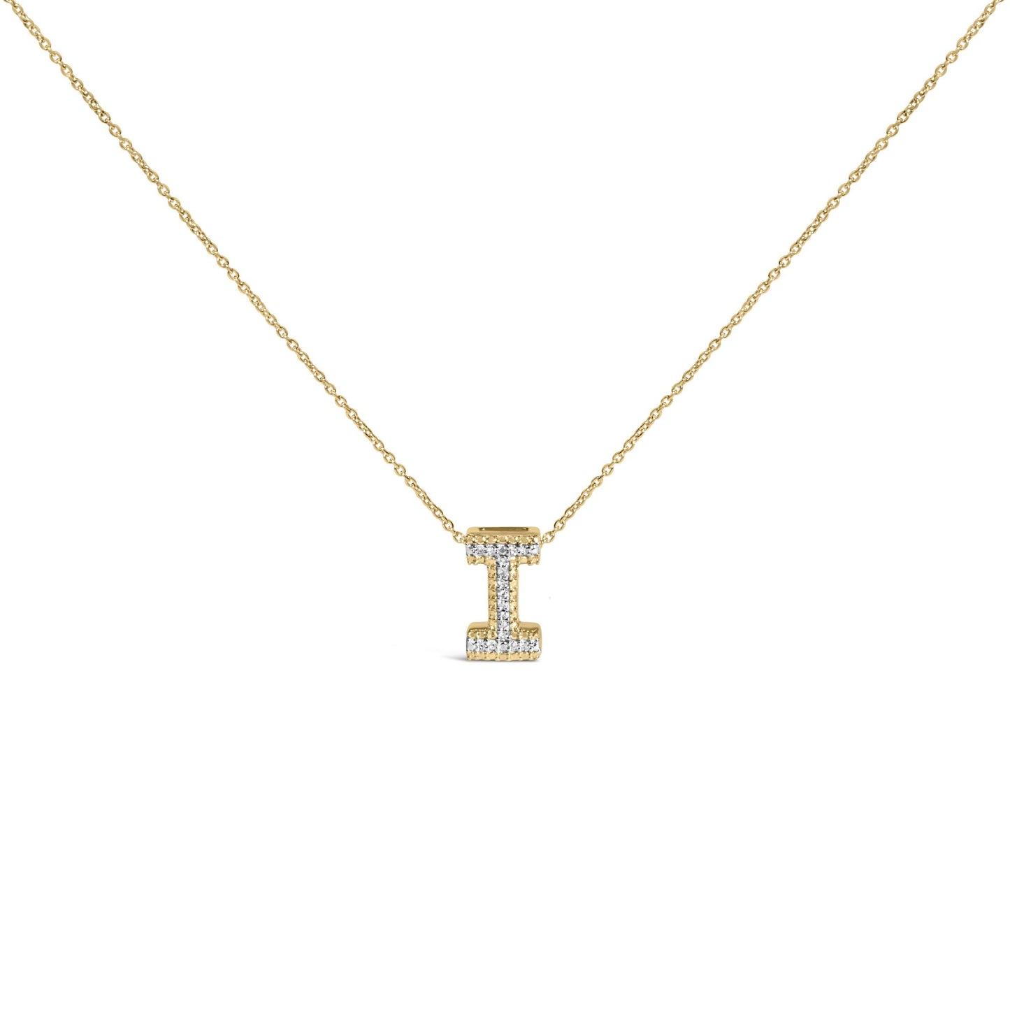 Close-up front view of a yellow necklace with a pendant shaped like the letter 'I' adorned with round white gemstones in a prong setting.