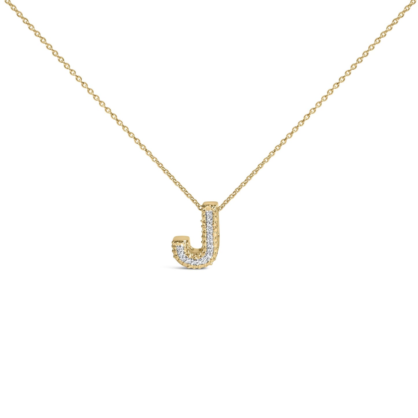 Close-up front angle of a yellow metal necklace with a pendant shaped like the letter J, featuring a row of white gemstones set in prongs along the pendant.