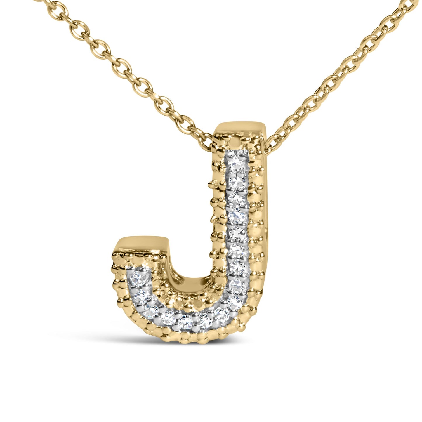 Close-up front angle of a yellow metal necklace pendant in the shape of the letter 'J' adorned with round white gemstones in prong settings along its surface, shown on a white background.