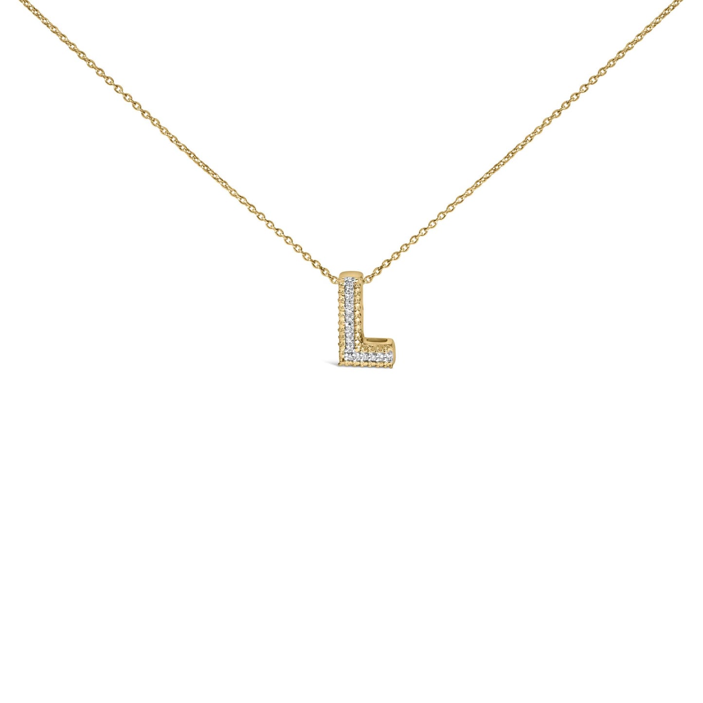Front angle close-up of a yellow metal necklace with an L-shaped pendant featuring white gemstones set in a prong setting.
