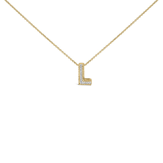 Front angle close-up of a yellow metal necklace with an L-shaped pendant featuring white gemstones set in a prong setting.