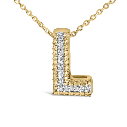 Close-up front angle of a yellow necklace pendant shaped like the letter L, adorned with a vertical and horizontal strip of white round gemstones in prong settings, shown on a white background.