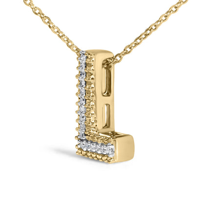 Close-up front angle of a yellow metal necklace pendant in the shape of the letter 'L' adorned with white round gemstones in prong settings along the vertical and horizontal edges.