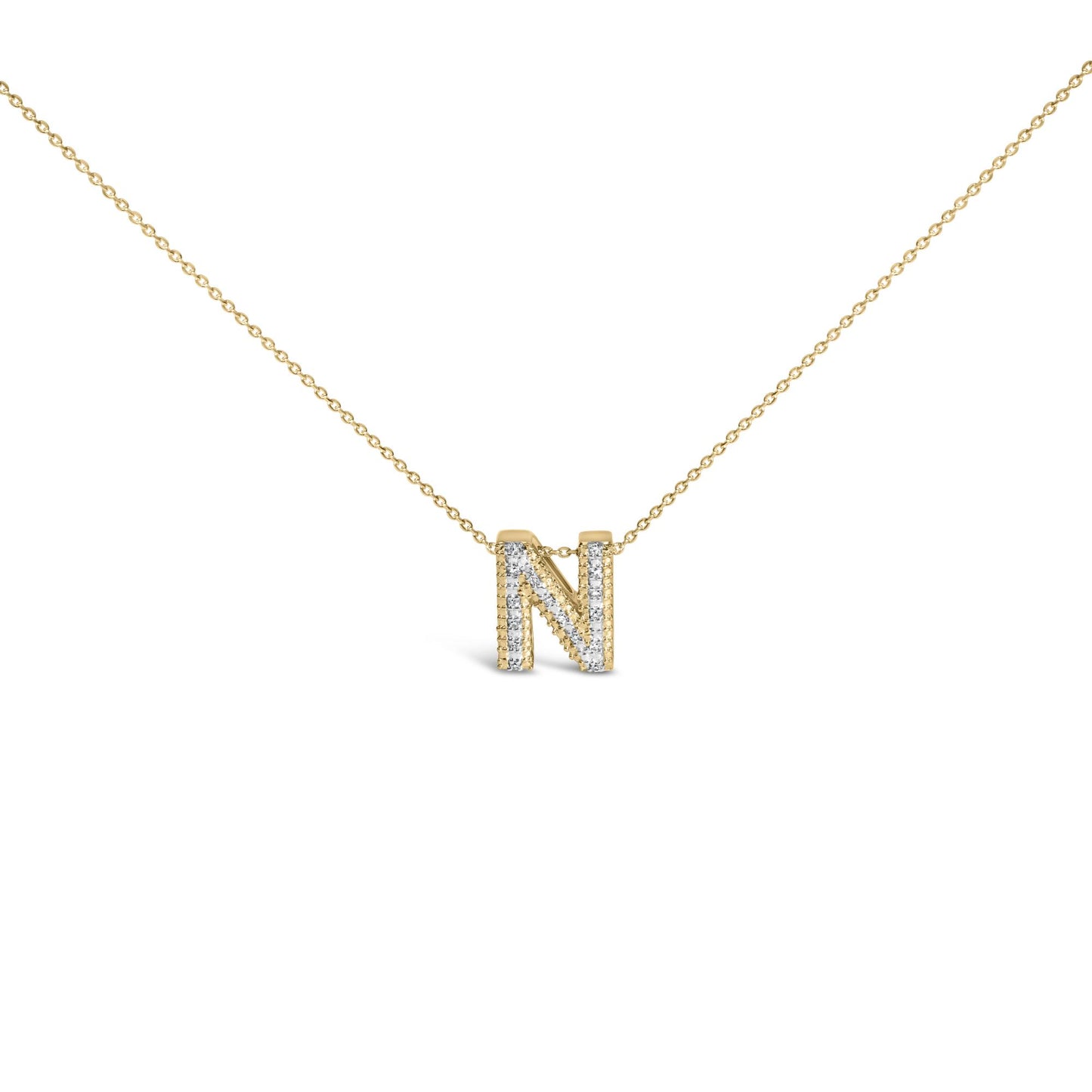 Front angle close-up of a yellow necklace chain with a pendant shaped as the letter 'N,' adorned with white round gemstones in prong settings.