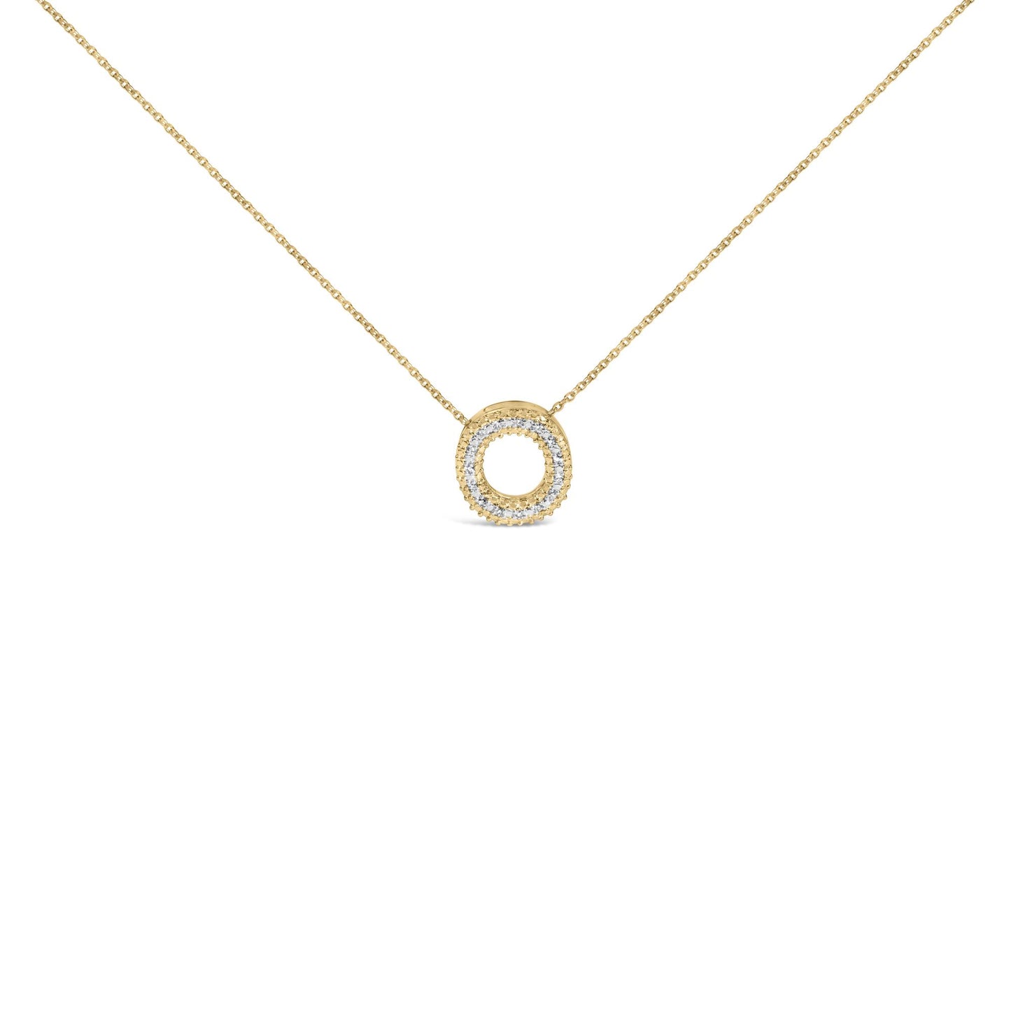 Close-up front view of a yellow metal necklace with a circular pendant encrusted with white gemstones in a prong setting, photographed against a white background.