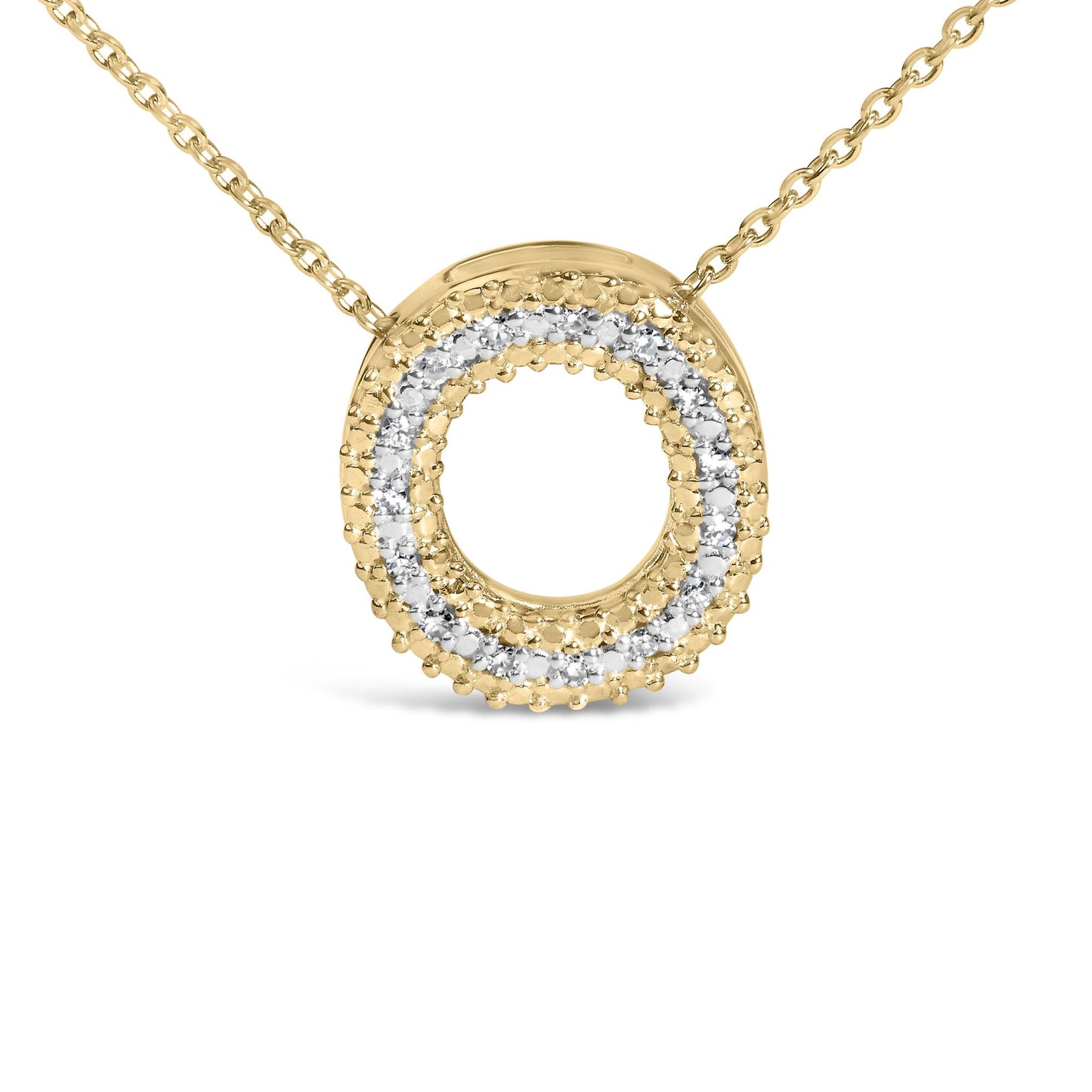 Close-up front view of a yellow metal circular pendant necklace featuring a double circle design with white gemstones set in a prong setting.