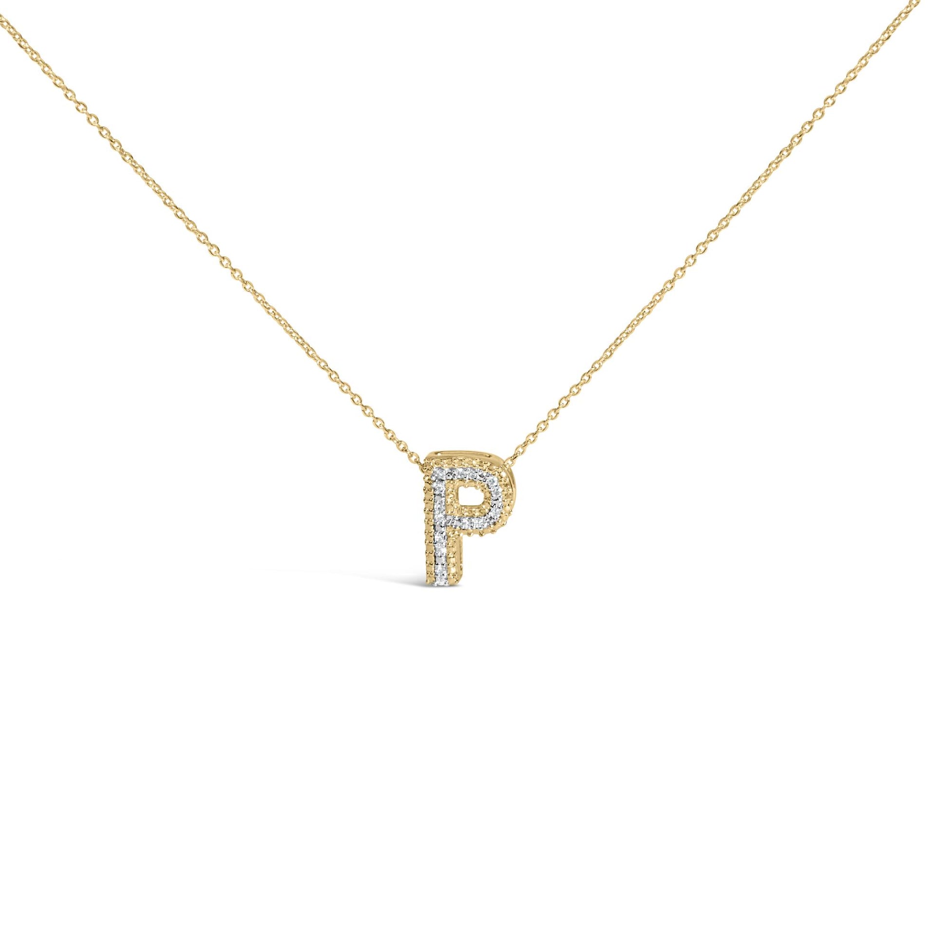 Close-up front view of a yellow necklace with a pendant shaped like the letter P, featuring white round gemstones in prong settings.