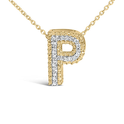 Close-up front view of a yellow metal necklace pendant in the shape of a capital letter 'P,' adorned with white round gemstones in prong settings along the front face, shown against a white background.