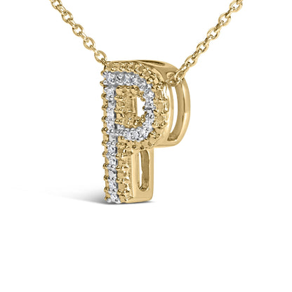 Close-up front angle of a yellow metal necklace pendant in the shape of the letter P, adorned with round white gemstones in a prong setting along the front surface, shown on a white background.