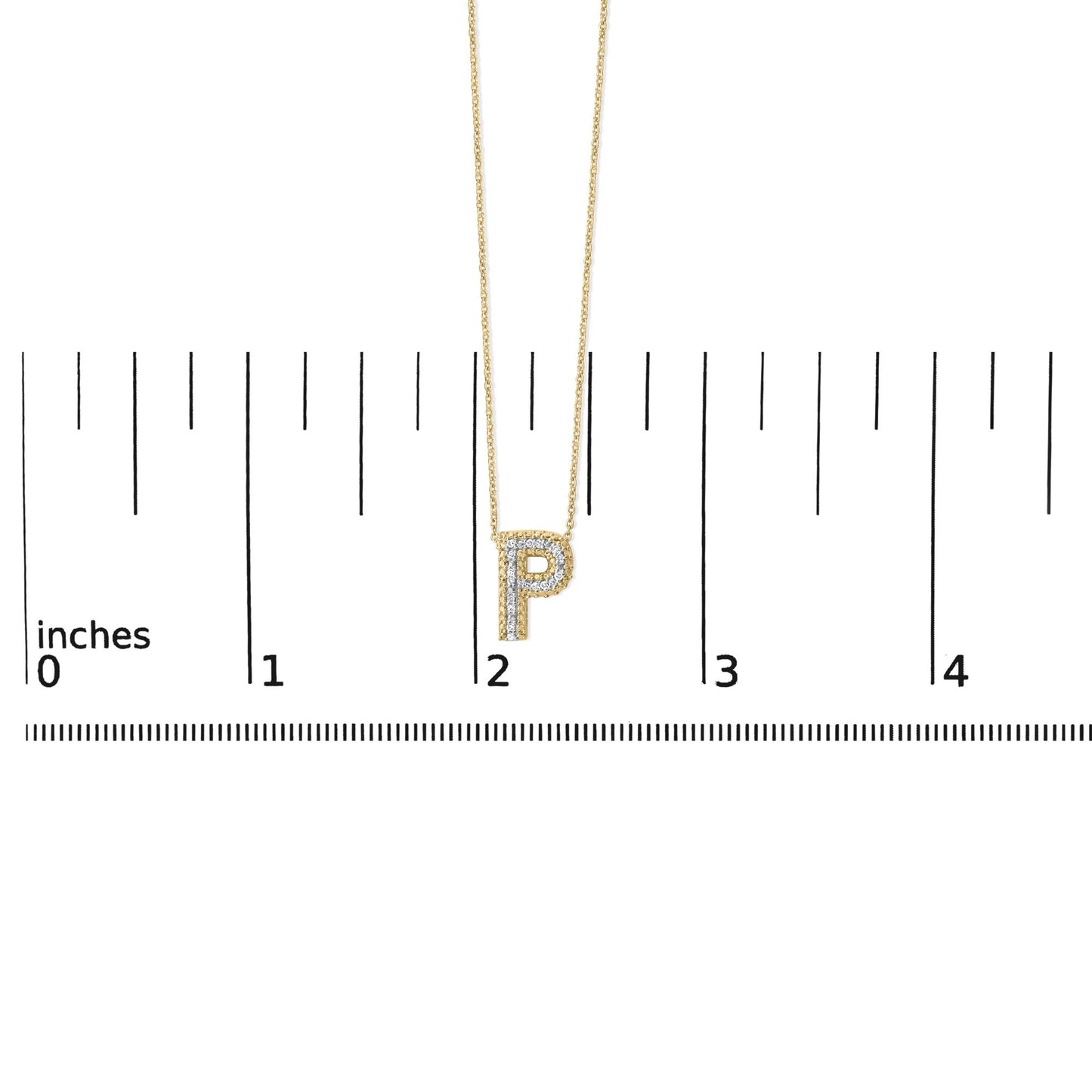 Close-up front view of a yellow necklace with a pendant in the shape of the letter 'P' set with white round gemstones, shown on a ruler scale.
