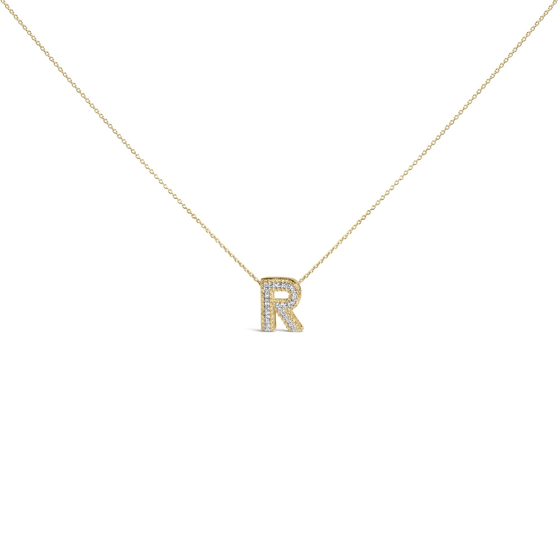 Front view of a yellow necklace with a pendant shaped as the letter 'R' adorned with round white gemstones in a prong setting.