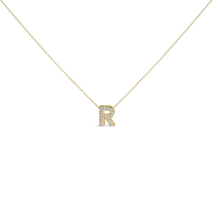 Front view of a yellow necklace with a pendant shaped as the letter 'R' adorned with round white gemstones in a prong setting.