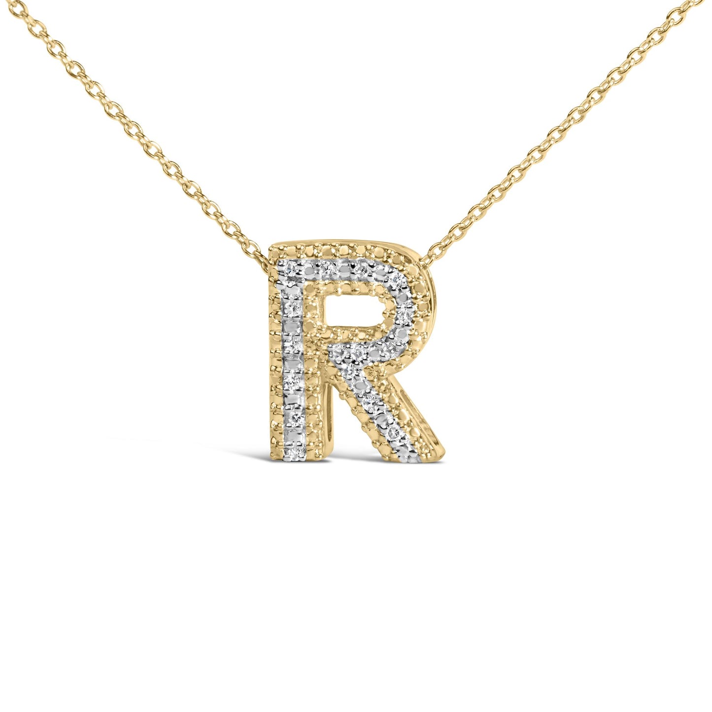 Close-up front view of a yellow necklace with a letter R pendant outlined and detailed with white gemstones in prong settings.