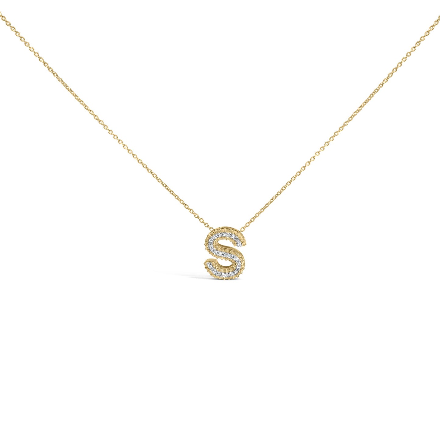 Close-up front view of a yellow necklace with a pendant shaped like the letter 'S' outlined with round white gemstones in prong settings.