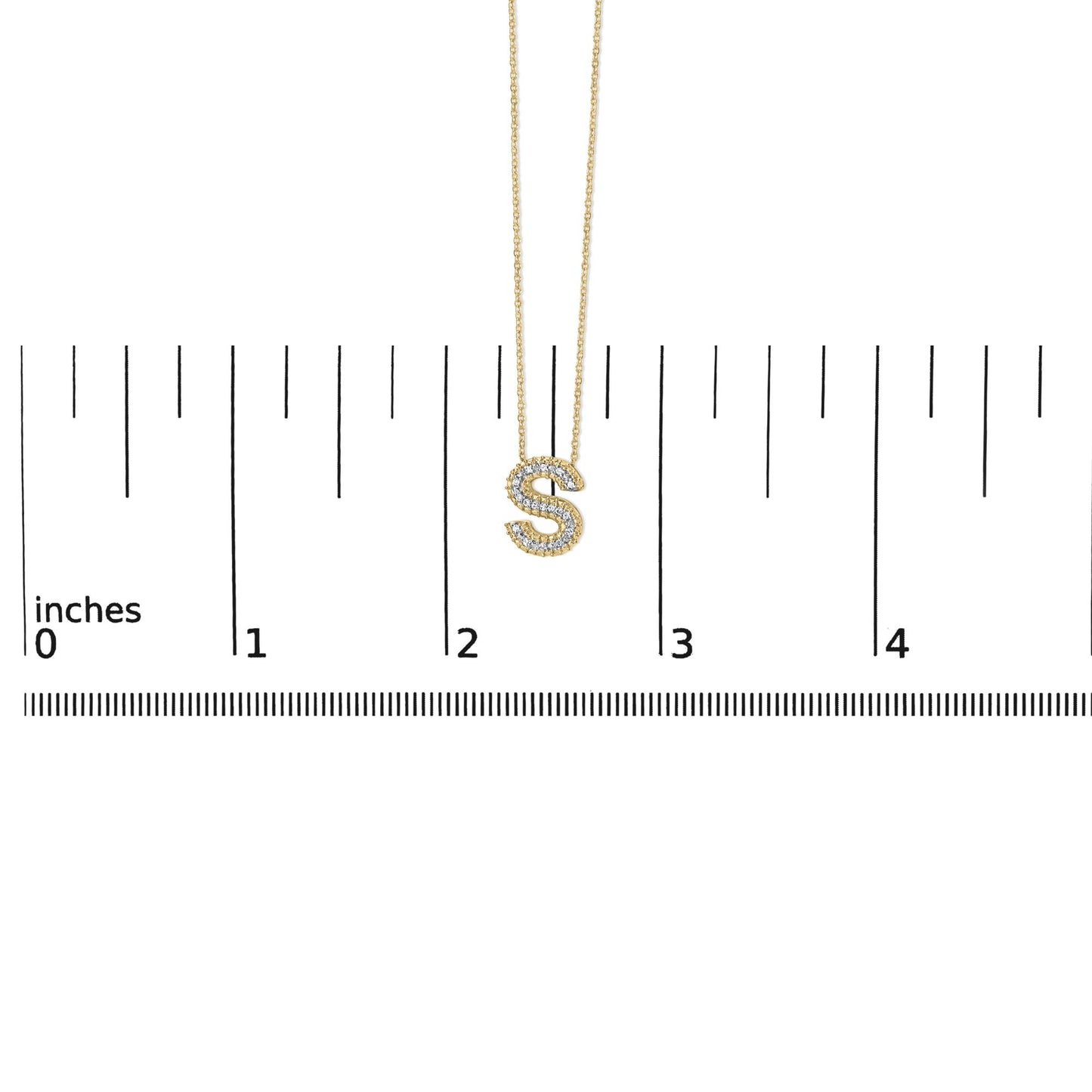 Yellow necklace with an 'S' pendant outlined in white gemstones, shown on a scale from a front angle.