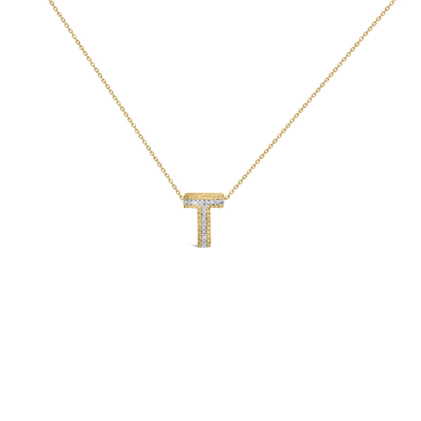 Close-up front view of a yellow metal necklace with a T-shaped pendant accented with small round white gemstones in prong settings.