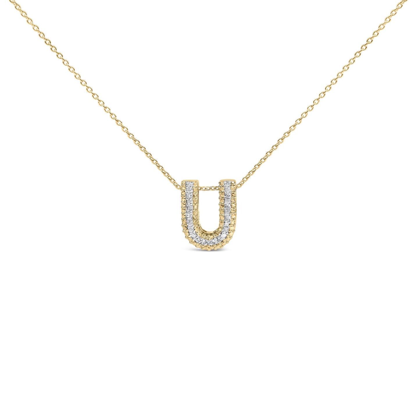 Close-up front view of a yellow metal necklace with a U-shaped pendant featuring a double row of white gemstones in prong settings along the edges, shown on a white background.