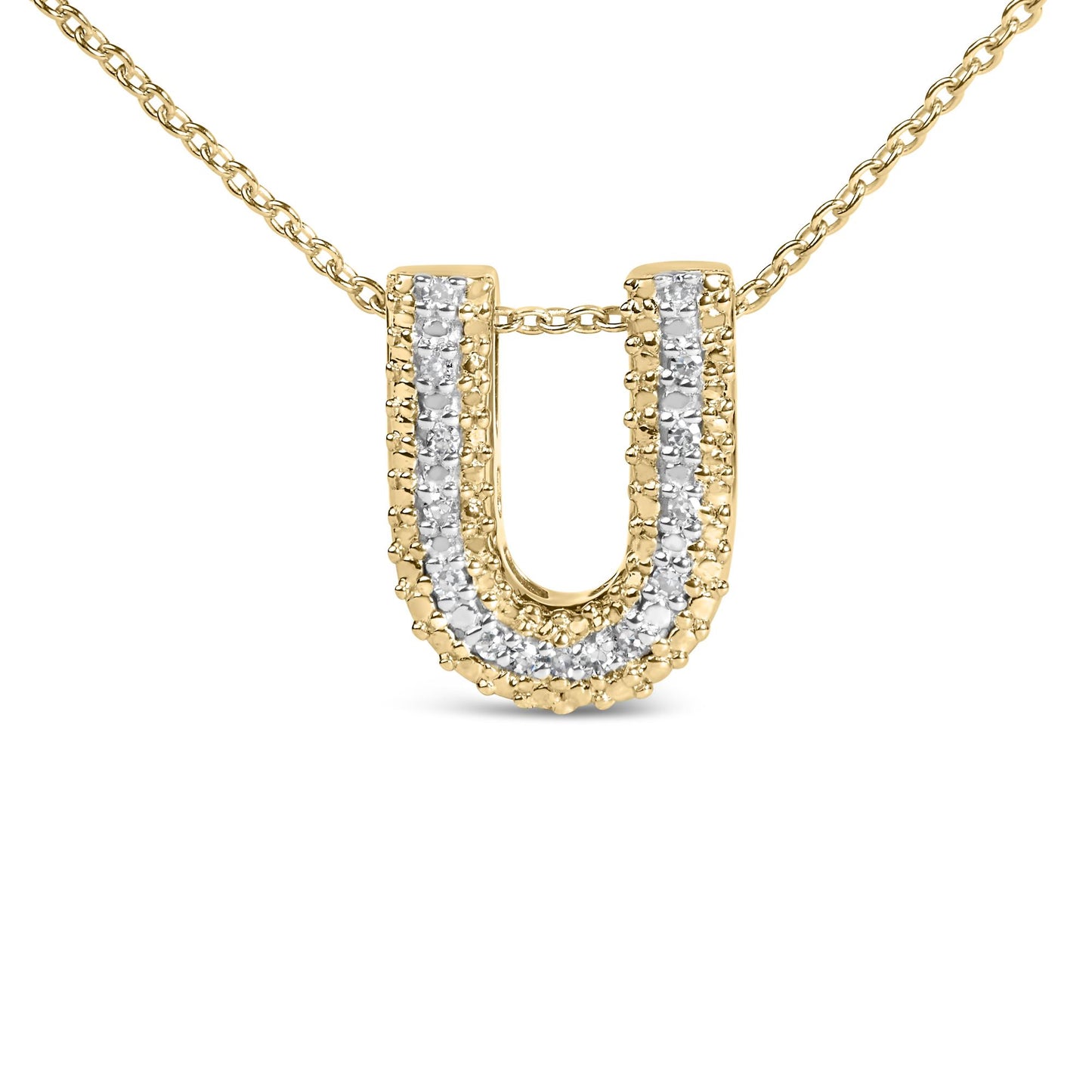 Close-up front view of a yellow metal necklace with a U-shaped pendant featuring two rows of prong-set white round gemstones.