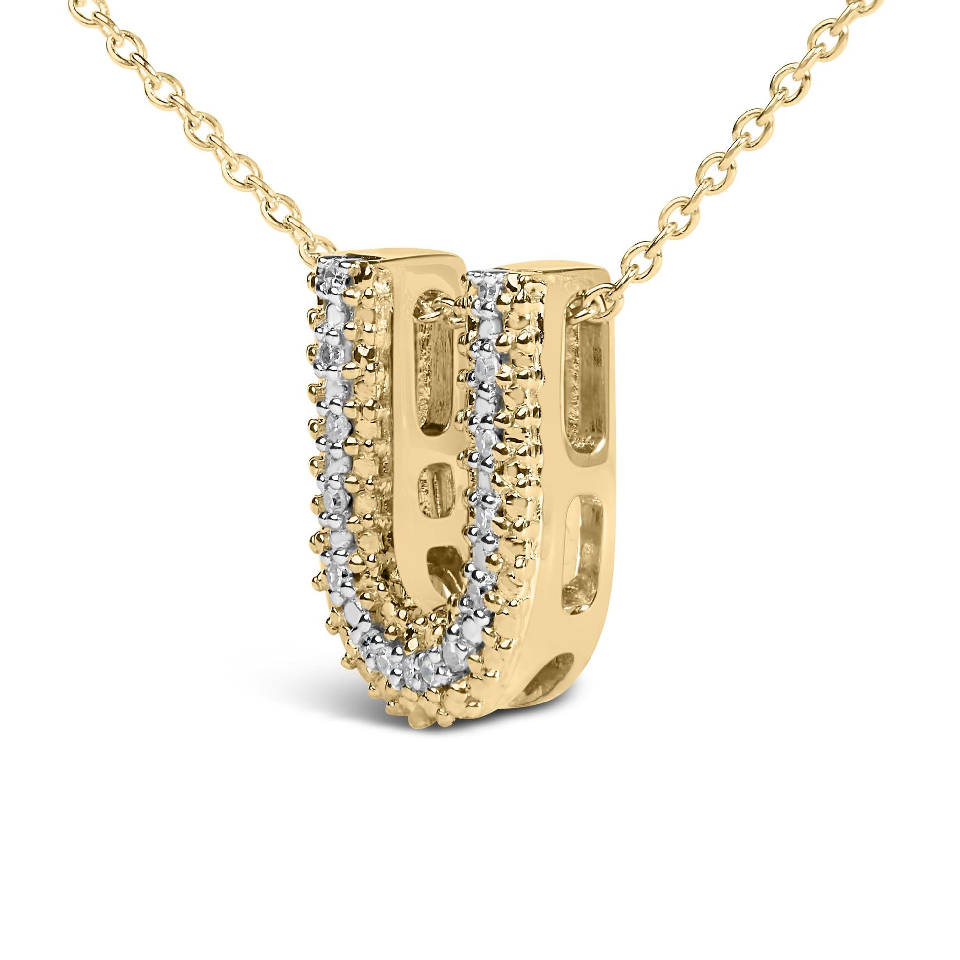 Close-up front angle view of a yellow necklace with a rectangular pendant featuring two rows of small round white gemstones in prong settings.