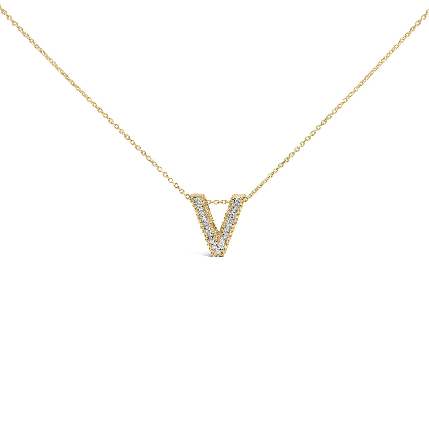 Close-up front view of a yellow necklace with a V-shaped pendant lined with white round gemstones in prong settings.