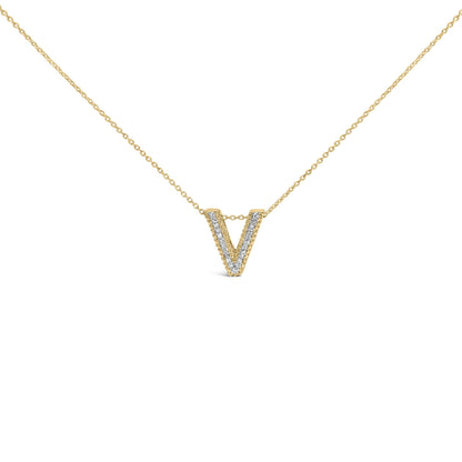 Close-up front view of a yellow necklace with a V-shaped pendant lined with white round gemstones in prong settings.