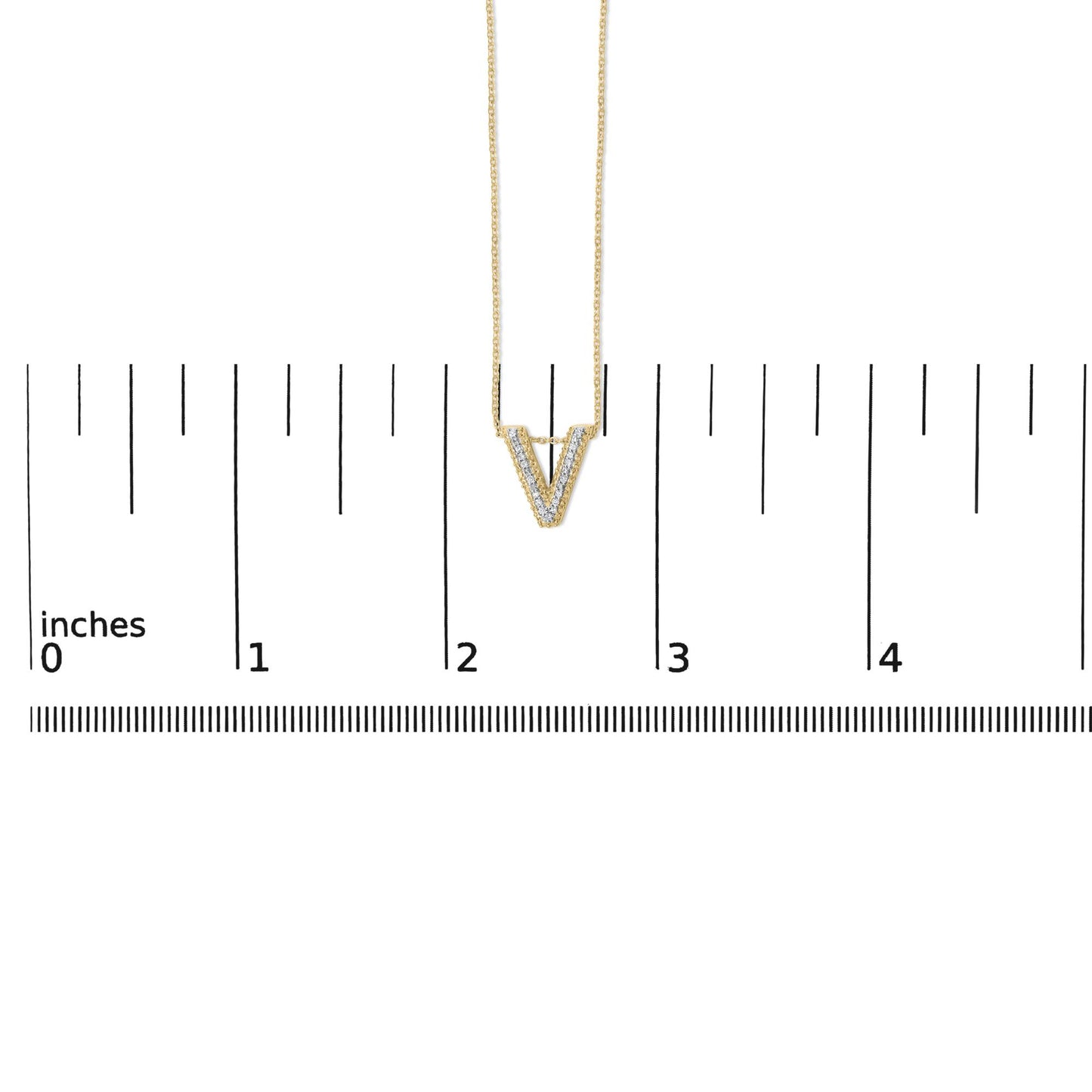 Yellow metal necklace with a V-shaped pendant set with white round gemstones in prong settings, shown on a scale from a front angle.