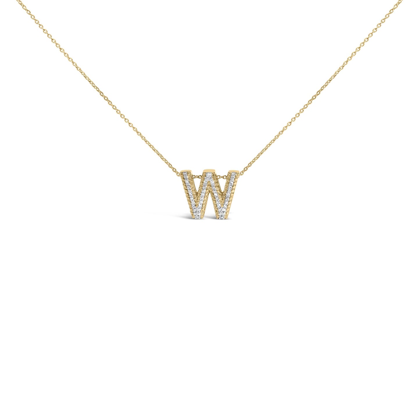 Close-up front view of a yellow metal necklace with a pendant shaped like the letter W, embellished with small white gemstones in prong settings.