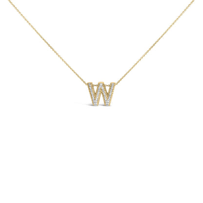 Close-up front view of a yellow metal necklace with a pendant shaped like the letter W, embellished with small white gemstones in prong settings.