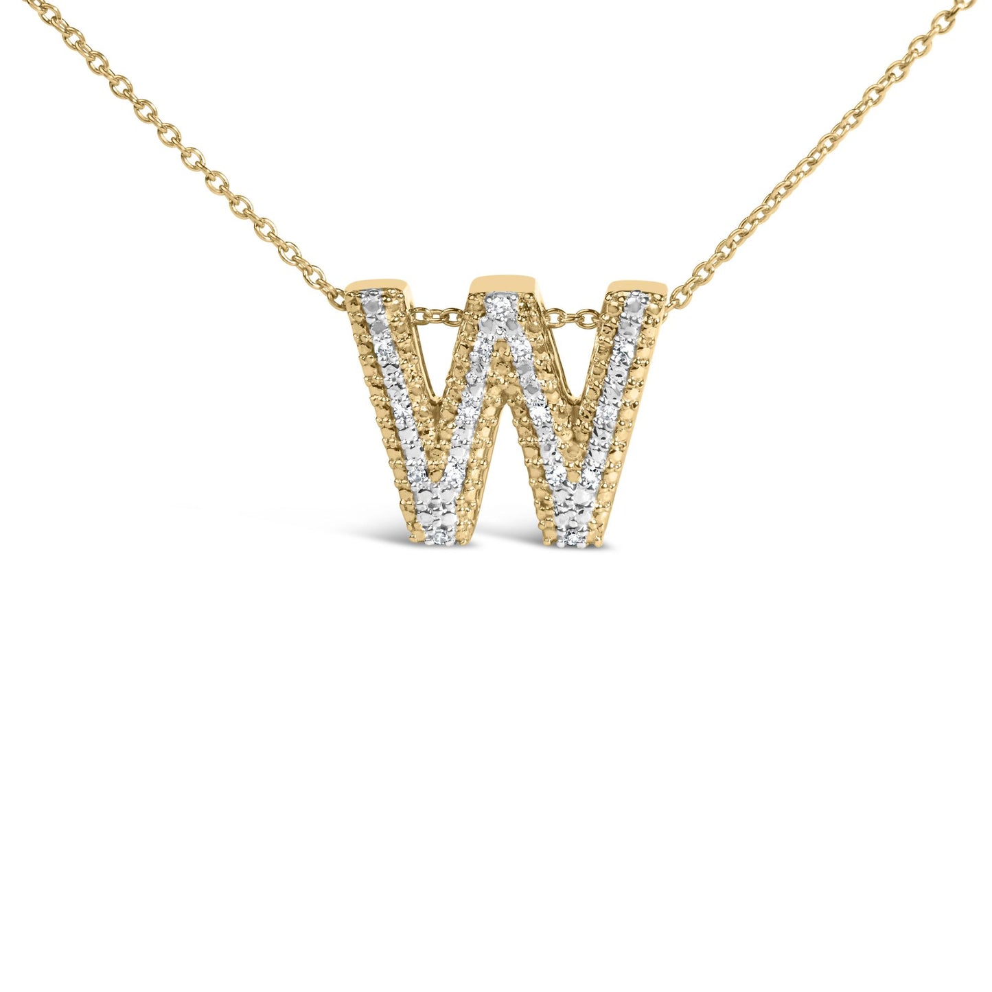 Close-up front angle of a yellow metal necklace pendant shaped like the letter W, accented with white round gemstones in prong settings.