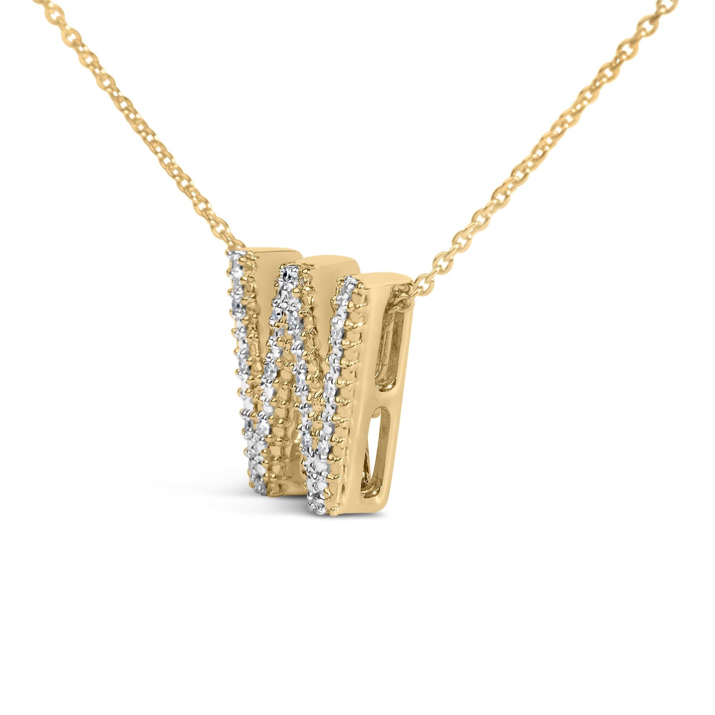 Close-up front angle of a yellow necklace pendant with vertical rows of white gemstones in prong settings.