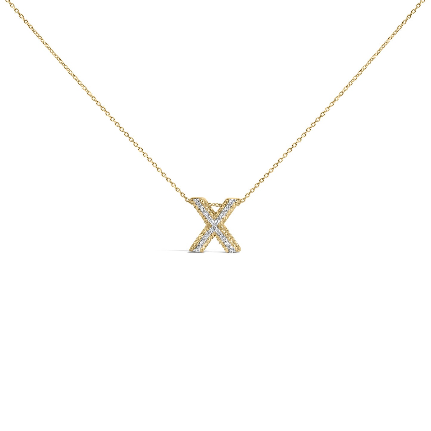 Front-facing close-up of a yellow necklace with an 'X' shaped pendant adorned with small white gemstones in prong setting.