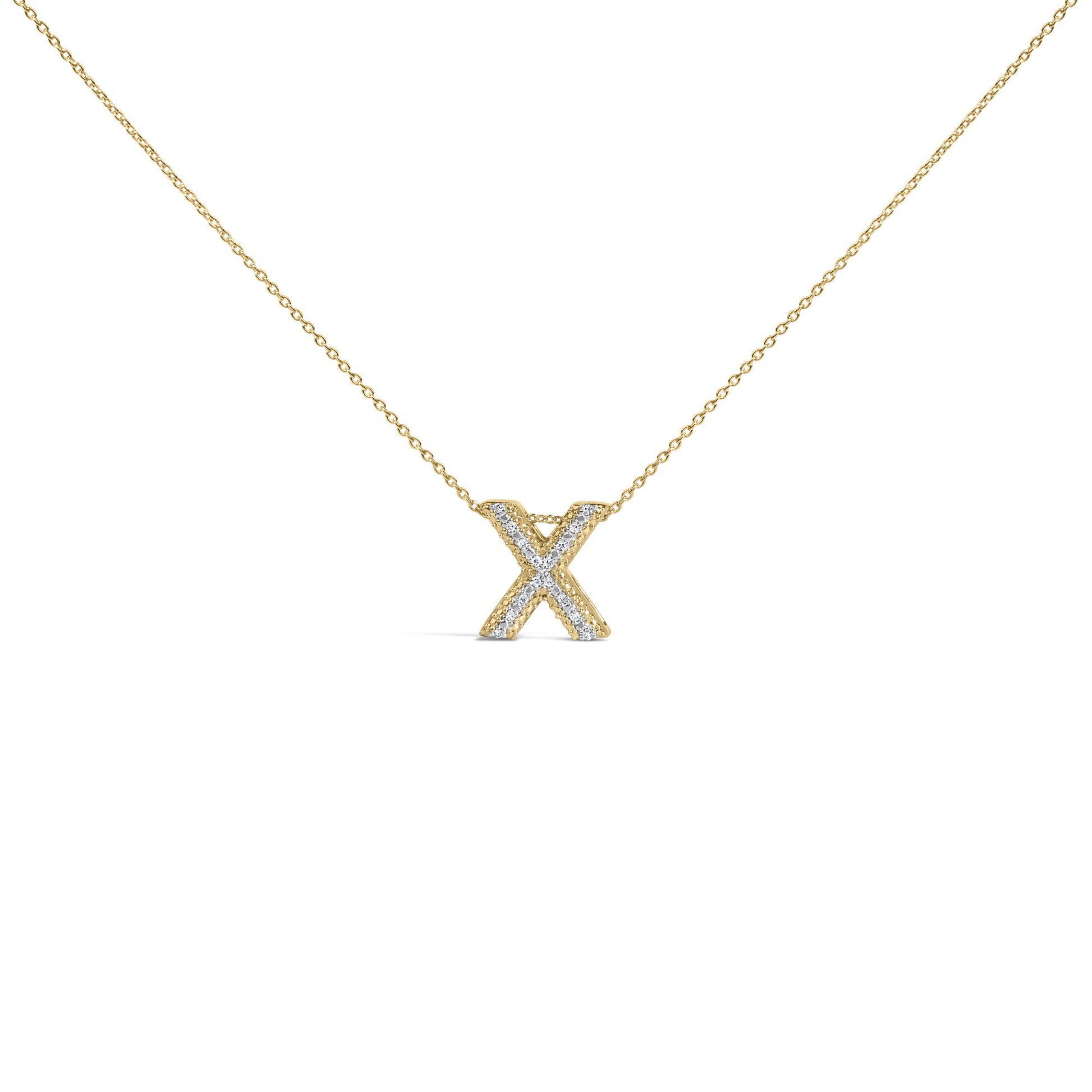 Front-facing close-up of a yellow necklace with an 'X' shaped pendant adorned with small white gemstones in prong setting.