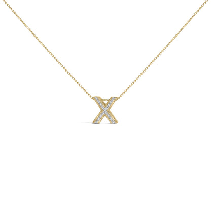 Front-facing close-up of a yellow necklace with an 'X' shaped pendant adorned with small white gemstones in prong setting.