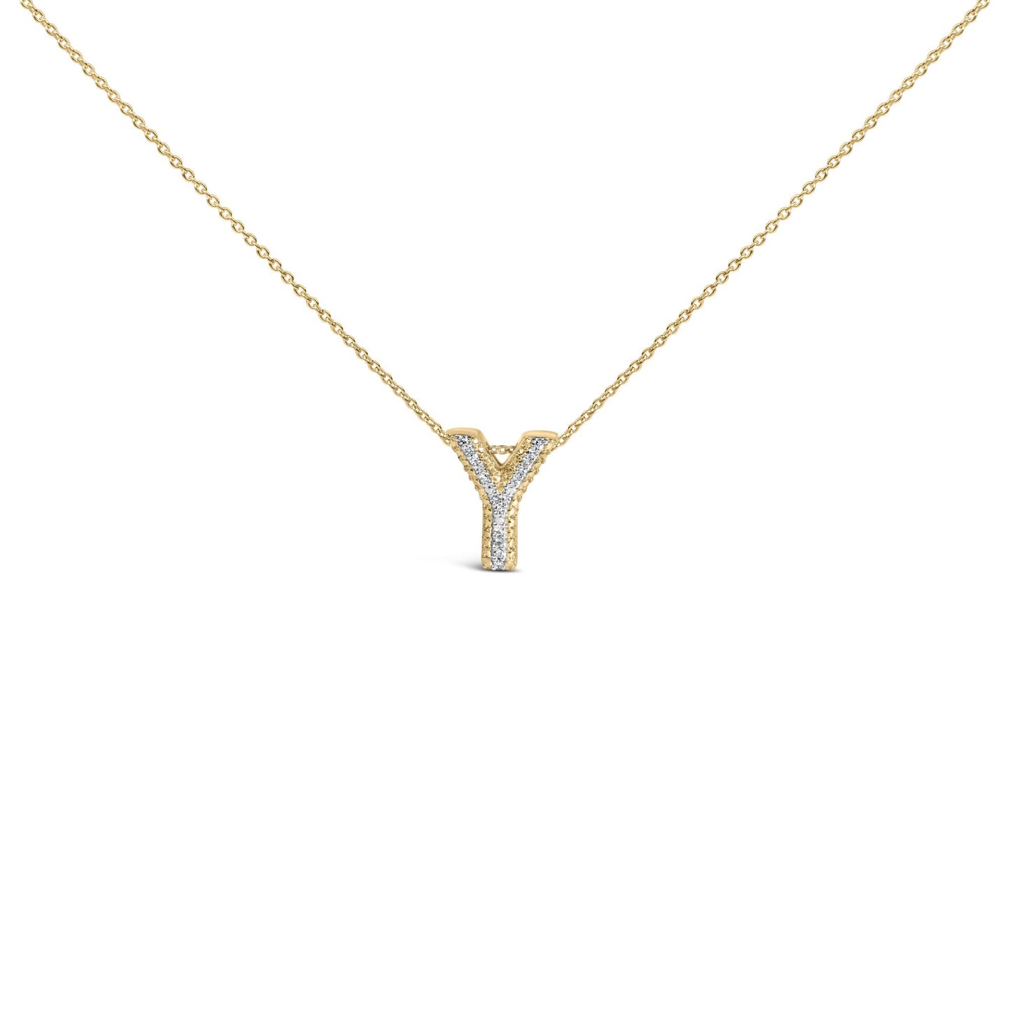 Yellow necklace with a Y-shaped pendant featuring white gemstones in prong settings, shown in a front close-up view.