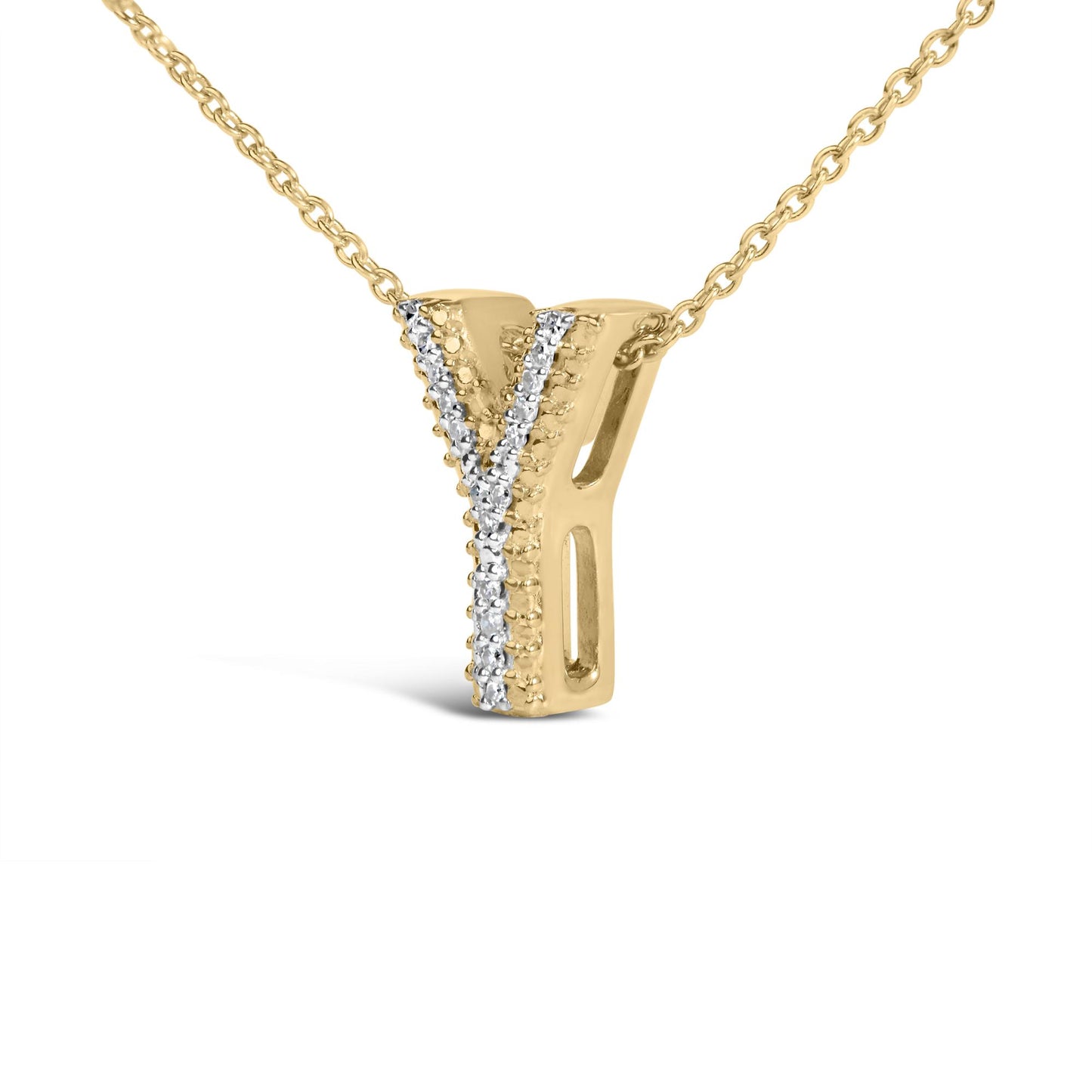 Close-up front angle of a yellow metal necklace pendant shaped like the letter Y with white round gemstones in prong settings along the center.