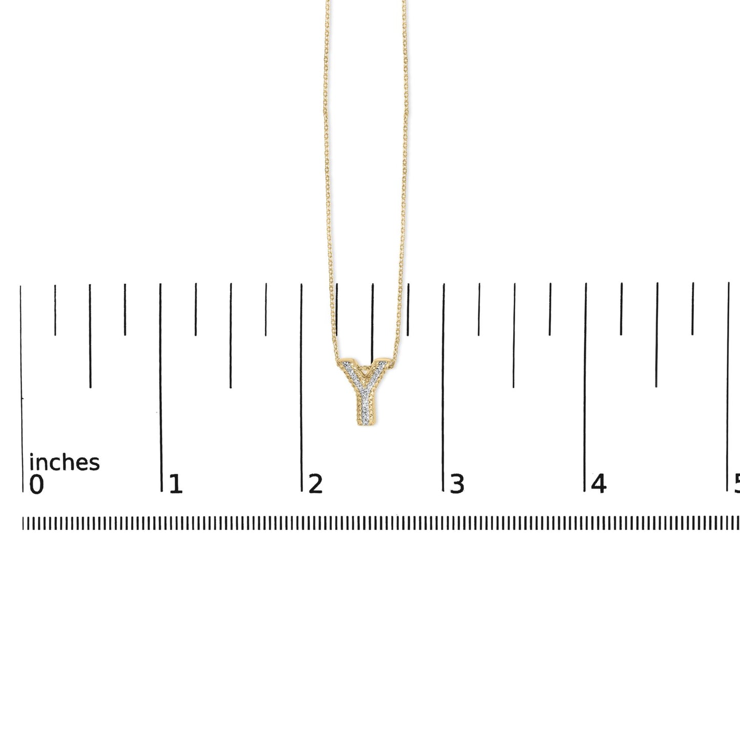 Yellow necklace with a Y-shaped pendant set with white gemstones, shown on a scale, front view.