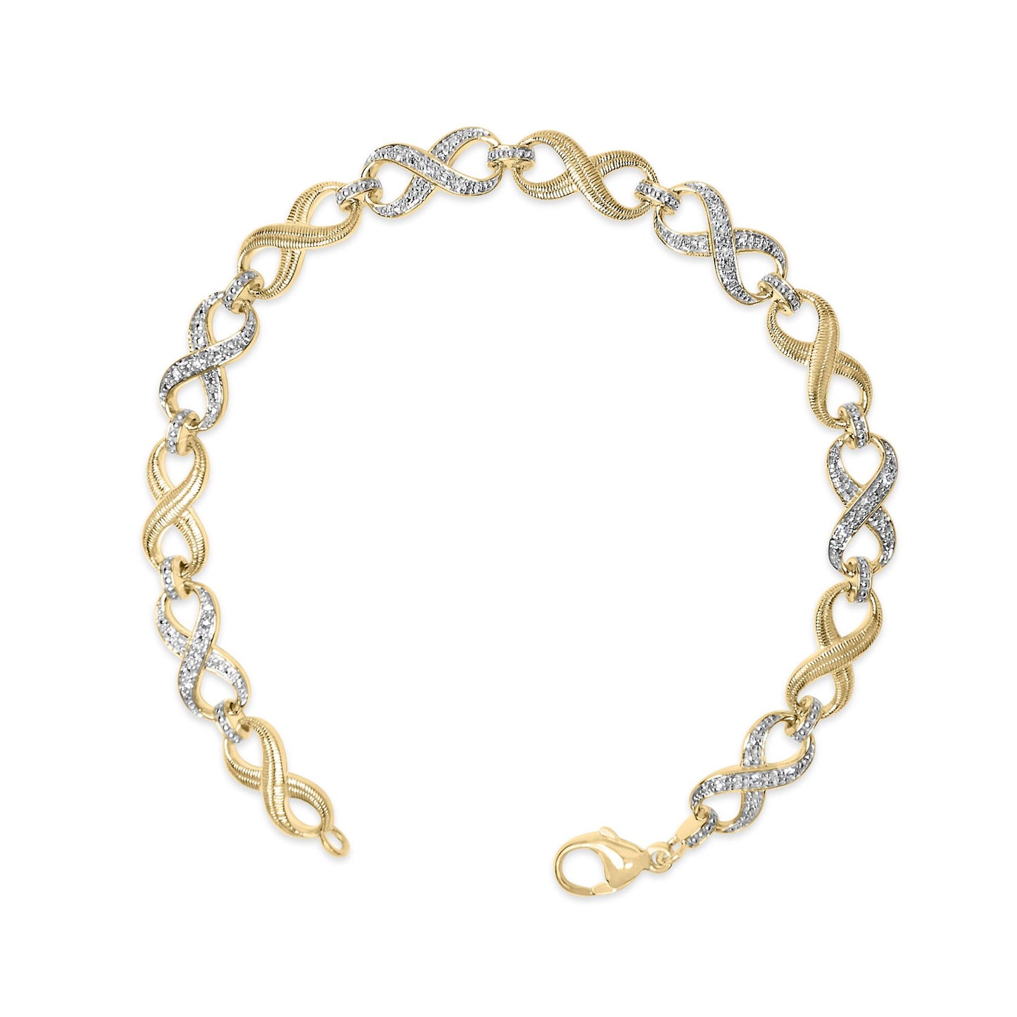Yellow metal bracelet with alternating textured and pave-set white gemstone infinity links, lobster clasp, shown from top angle.