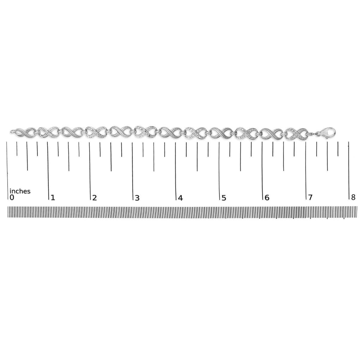 Bracelet shown on a scale in a top-down view, featuring linked figure-eight shapes alternating between smooth and pave-set white gemstones, with a lobster clasp on one end.