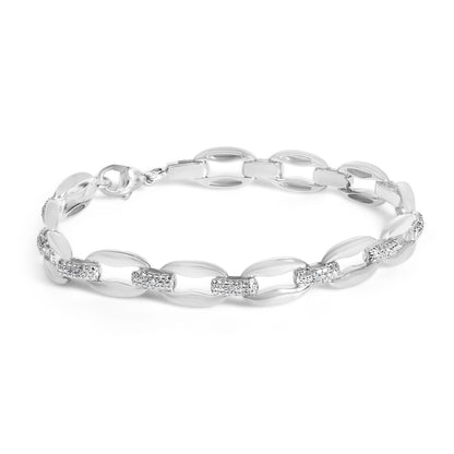 White bracelet with alternating smooth oval links and pave-set sections of round white gemstones, shown flat on white background from a slight top angle.