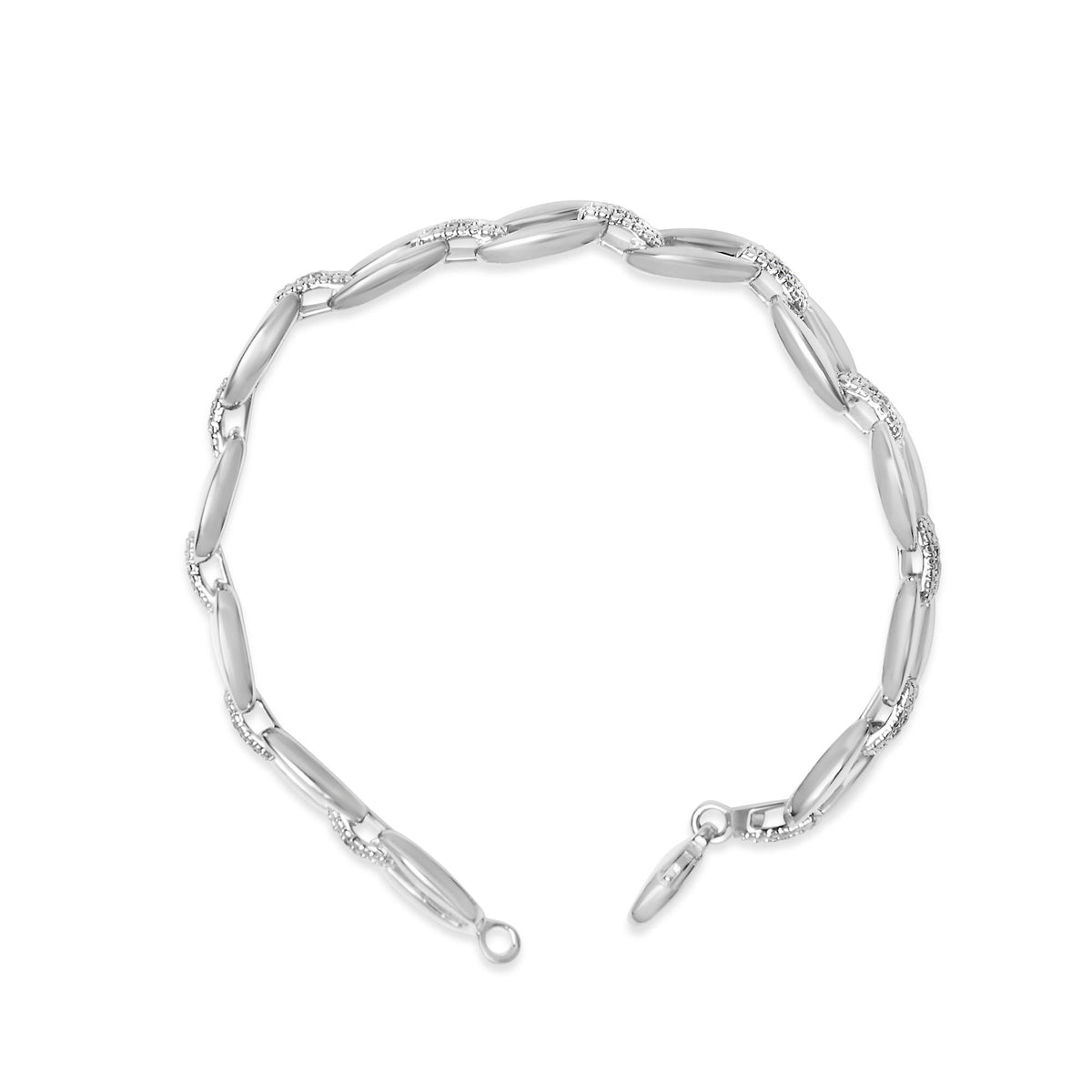 White metal bracelet with elongated links and sections of pave-set white round gemstones, shown flat on a white background from a top angle.