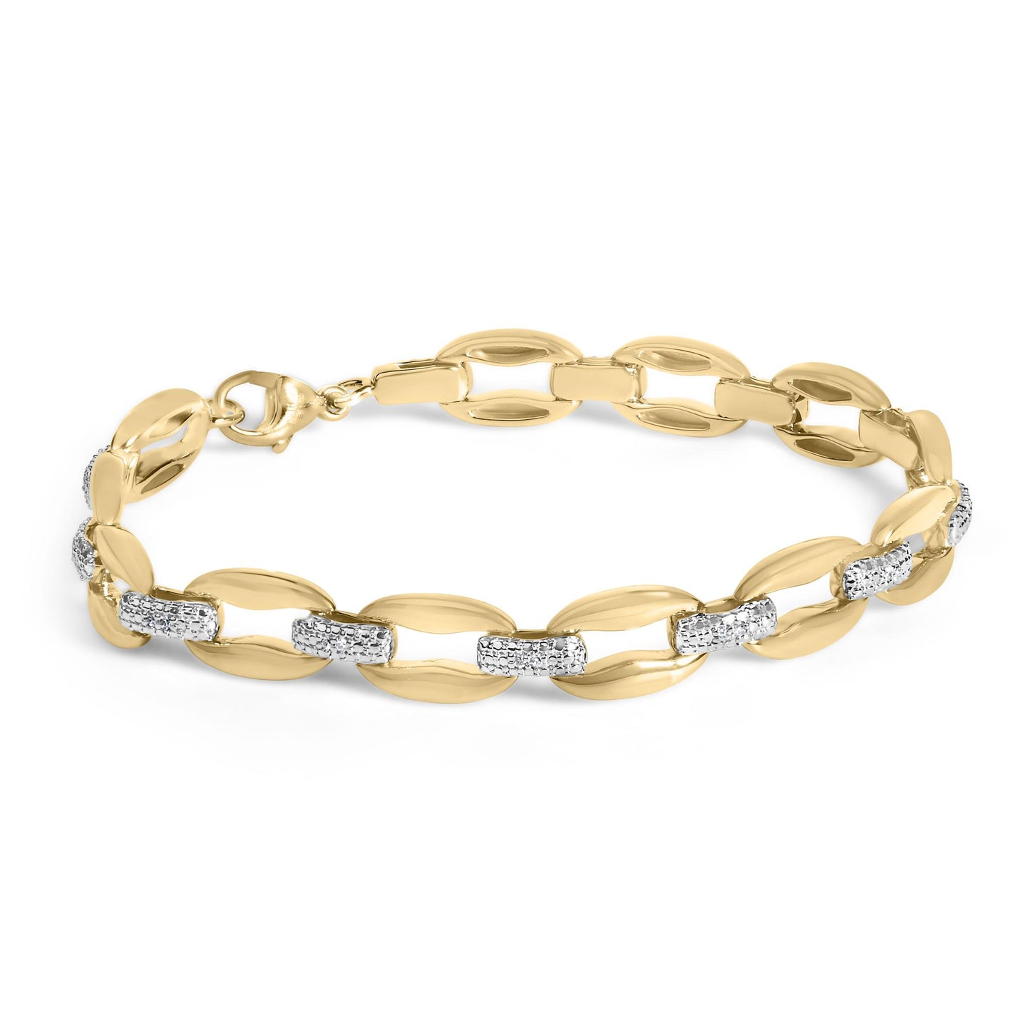 Close-up angled shot of a yellow bracelet with oval links, featuring rectangular sections with white gemstones in pave setting.