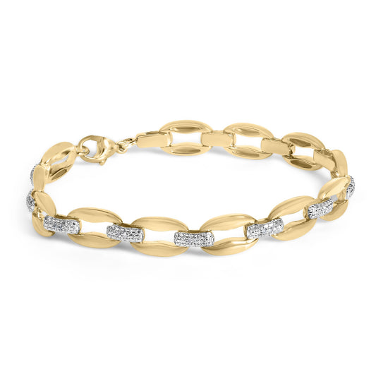 Close-up angled shot of a yellow bracelet with oval links, featuring rectangular sections with white gemstones in pave setting.