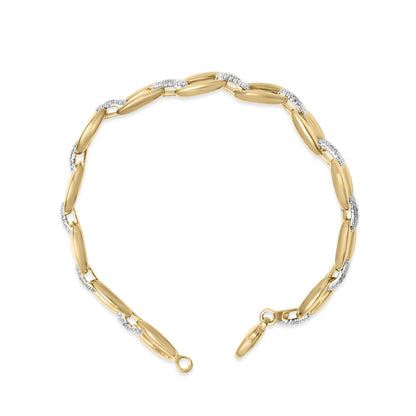 Top view of a yellow metal bracelet with alternating smooth links and links set with white gemstones in a pave setting, shown on a white background.